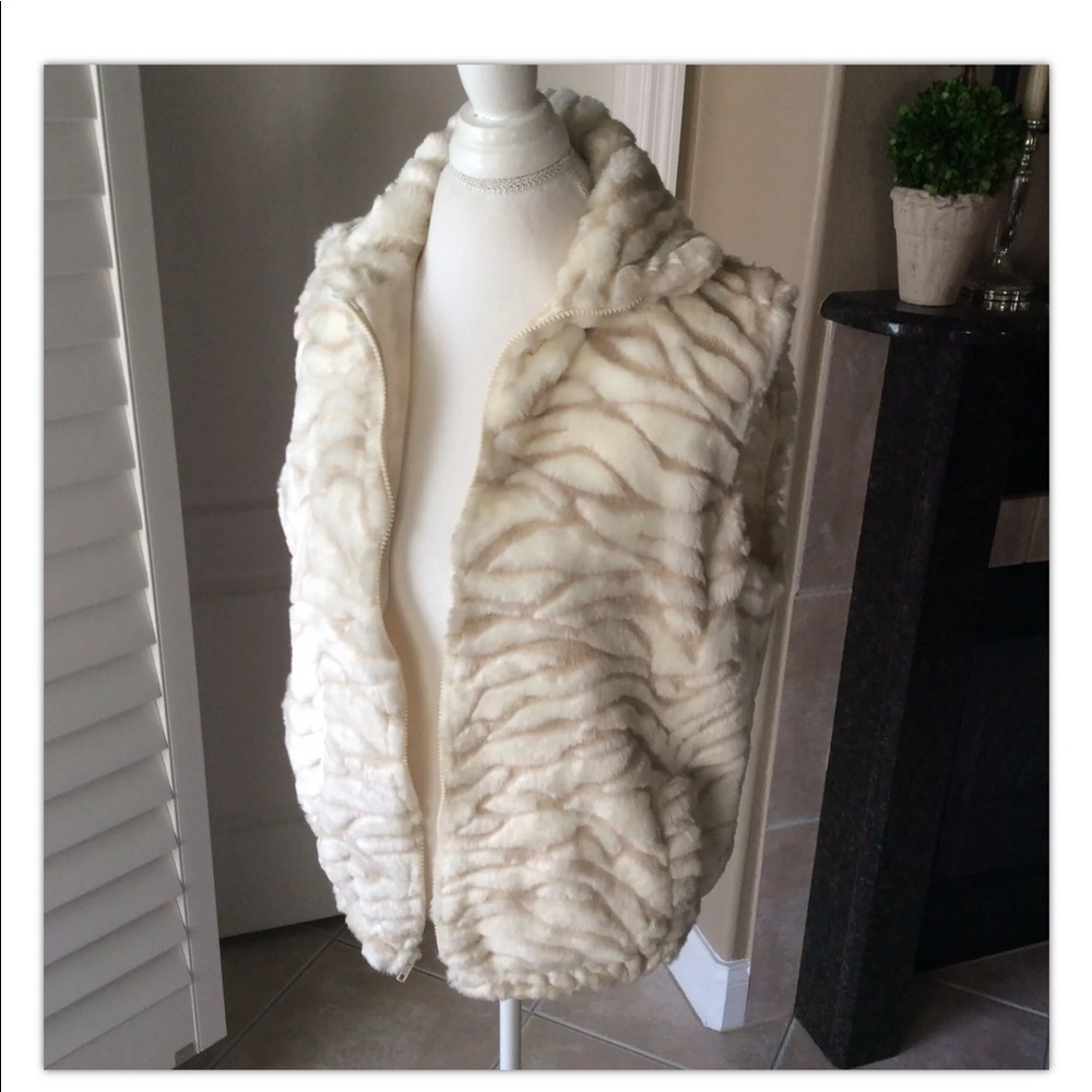 Faux Animal Print Fur Vest SM/MED Cream Beige Full Zip Donna Stewart USA Vintage